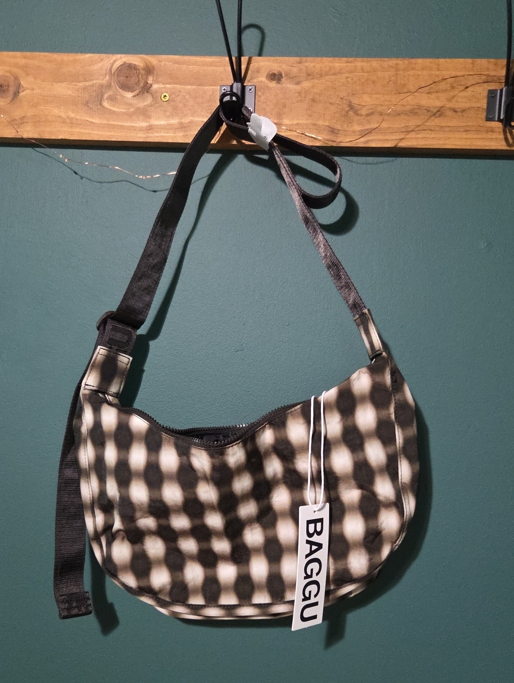 BAGGU Medium Nylon Crescent - Blurred Gingham Brown NWT